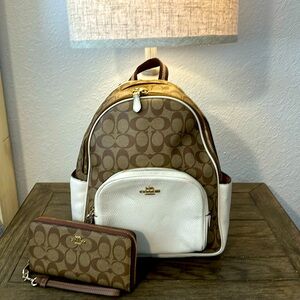 Coach Backpack with matching wallet brown C’s with white trim